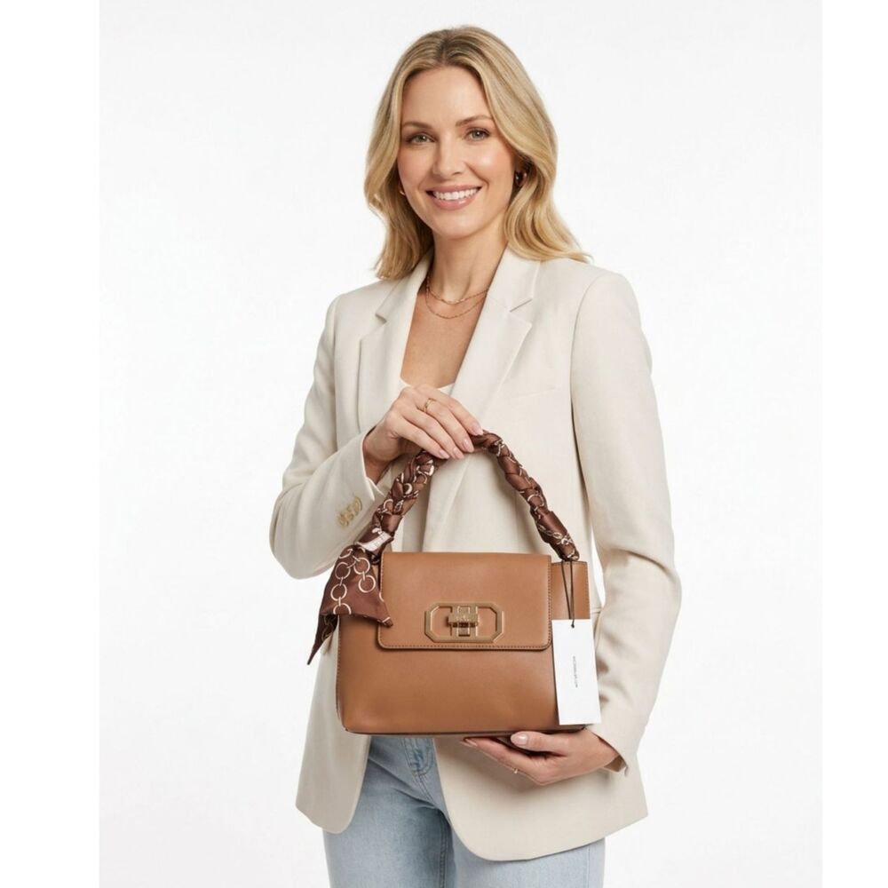 Nicole Miller Toffee Brown Vegan Leather Bag w/ Scarf Handle - NWT